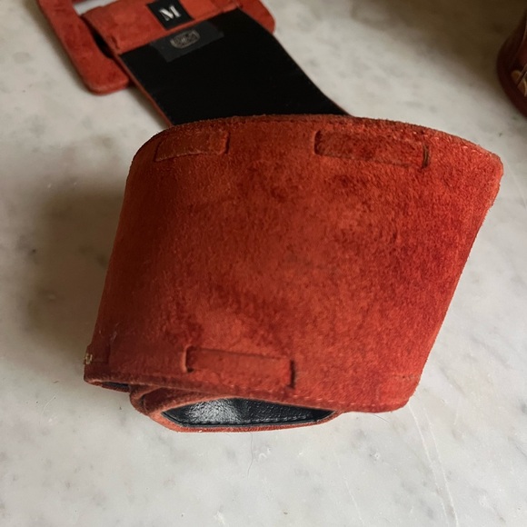 VTG 80s Bibo Folk Flowerchild Avant Garde Boho Hippie Orange Wide Suede Belt M - Picture 5 of 8